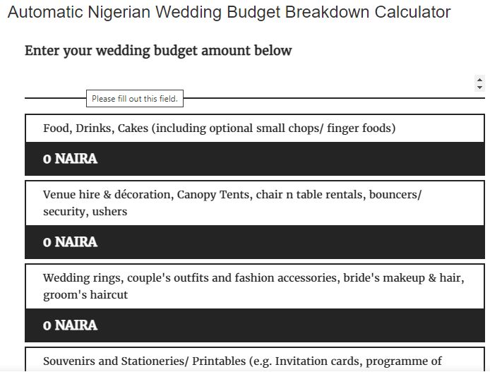 automatic nigerian wedding budget calculator - naijaglamwedding