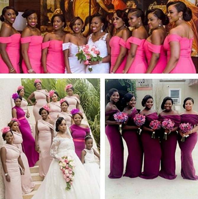 bride with bridesmaids in purple dress