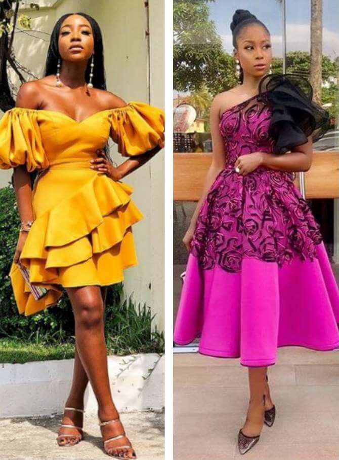 two celebs wearing ruffle short gown and skater dress
