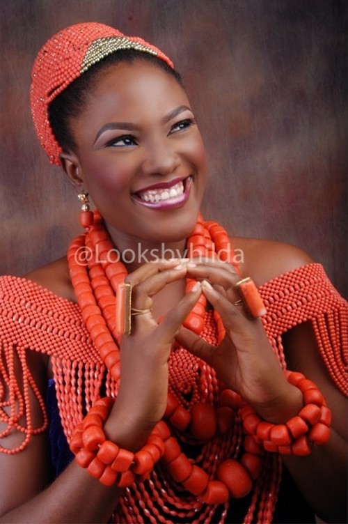 picture of bride in edo beaded wedding attire