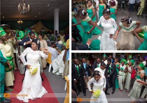 couple dancing with bridesmaids groomsmen at a white wedding