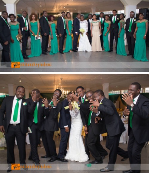 couple pose with bridesmaids and gromsmen