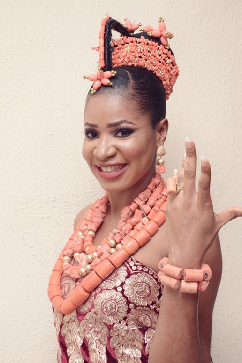 picture of bride in benin traditional wedding attire