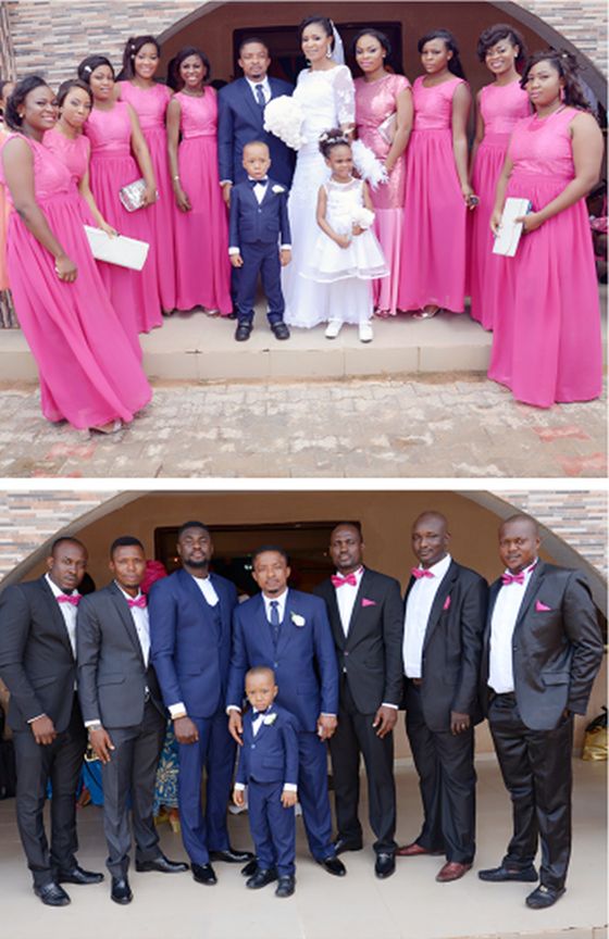 Pictures of colourful pink bridesmaids dresses and black groomsmen suits