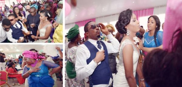 pictures of couple n guests dancing at a benin church wedding