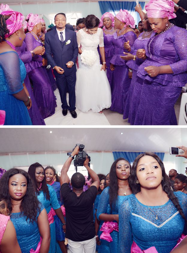 Pictures of purple and blue aso-ebi dresses colour from a benin wedding