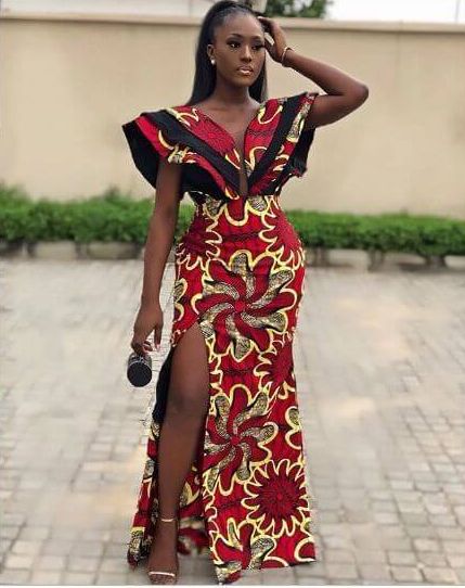 ankara long maxi gown with side slit n flutter sleeves