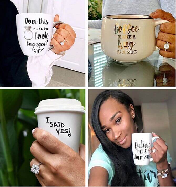 engagement mugs ring selfie photos