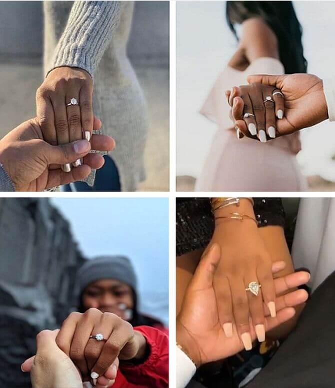 Young woman's hand with diamond engagement ring princess cut, gold outside  outdoors on fiance man arm pink shirt hugging love Stock Photo | Adobe Stock