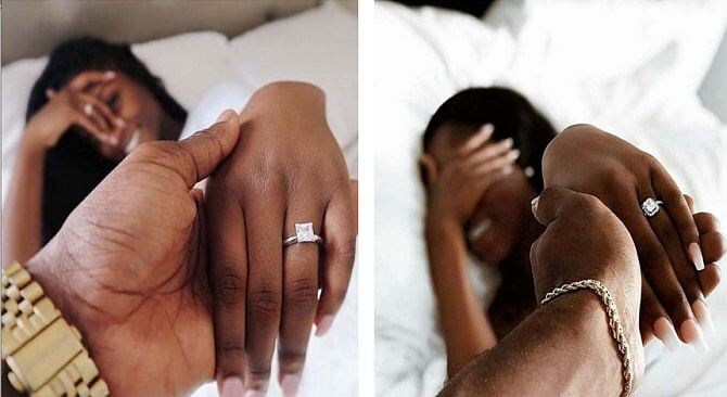 photos couple showing off gold engagement rings