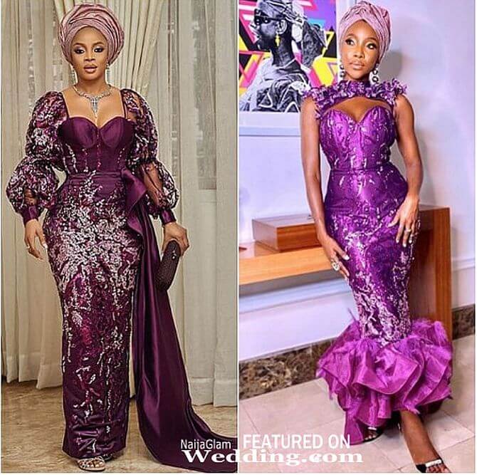 plum n violet aso-ebi long gown toke makinwa ini dimma