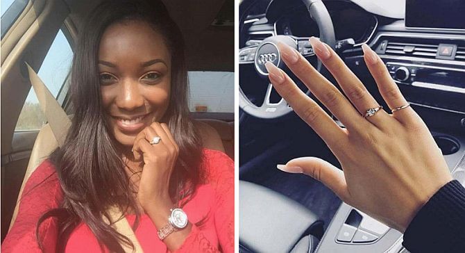 selfies in car showing off engagement ring