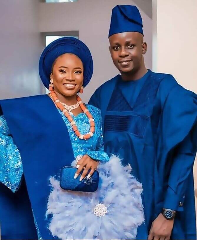 blue yoruba traditional wedding couples matching attire